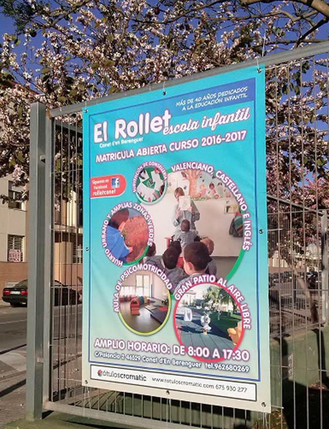 Cartel de la entrada de la Escola Infantil el Rollet de Canet de Berenger. Placa de fachada o pared de empresa.